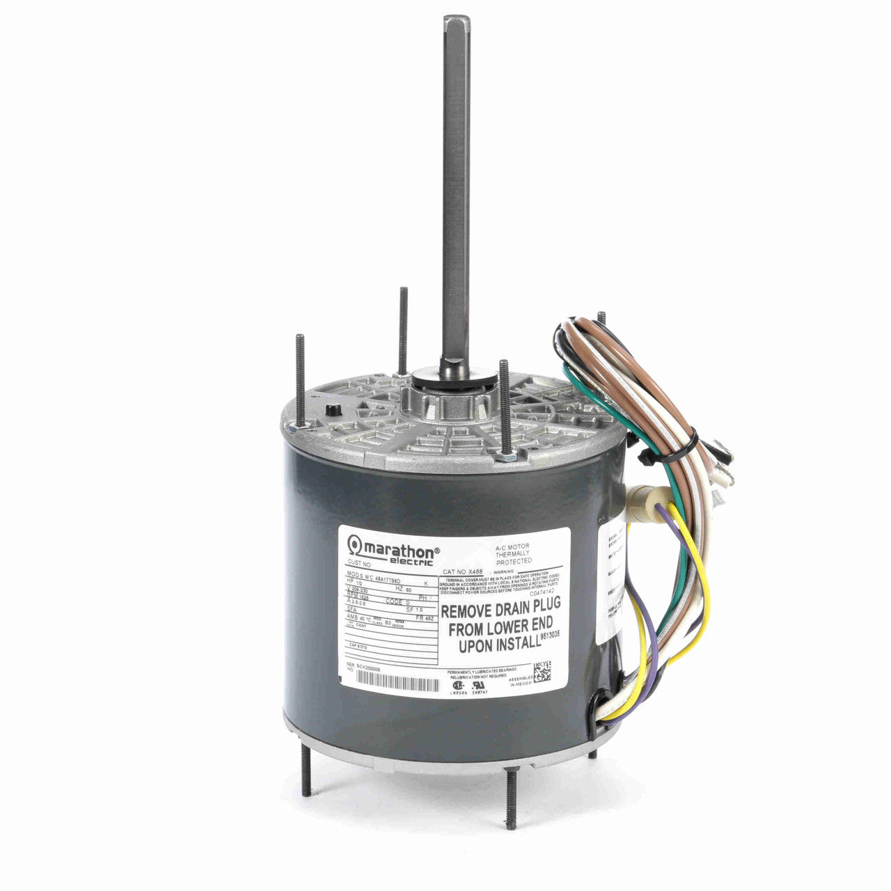 Moteur de ventilateur de condenseur Marathon X468 48Y Frame Totally Enclosed 48A17T96 1/2 ch 1625 tr/min 208-230 VAC 1 Phase 1 Vitesse Roulement à billes Condensateur permanent divisé Thru-Bolt