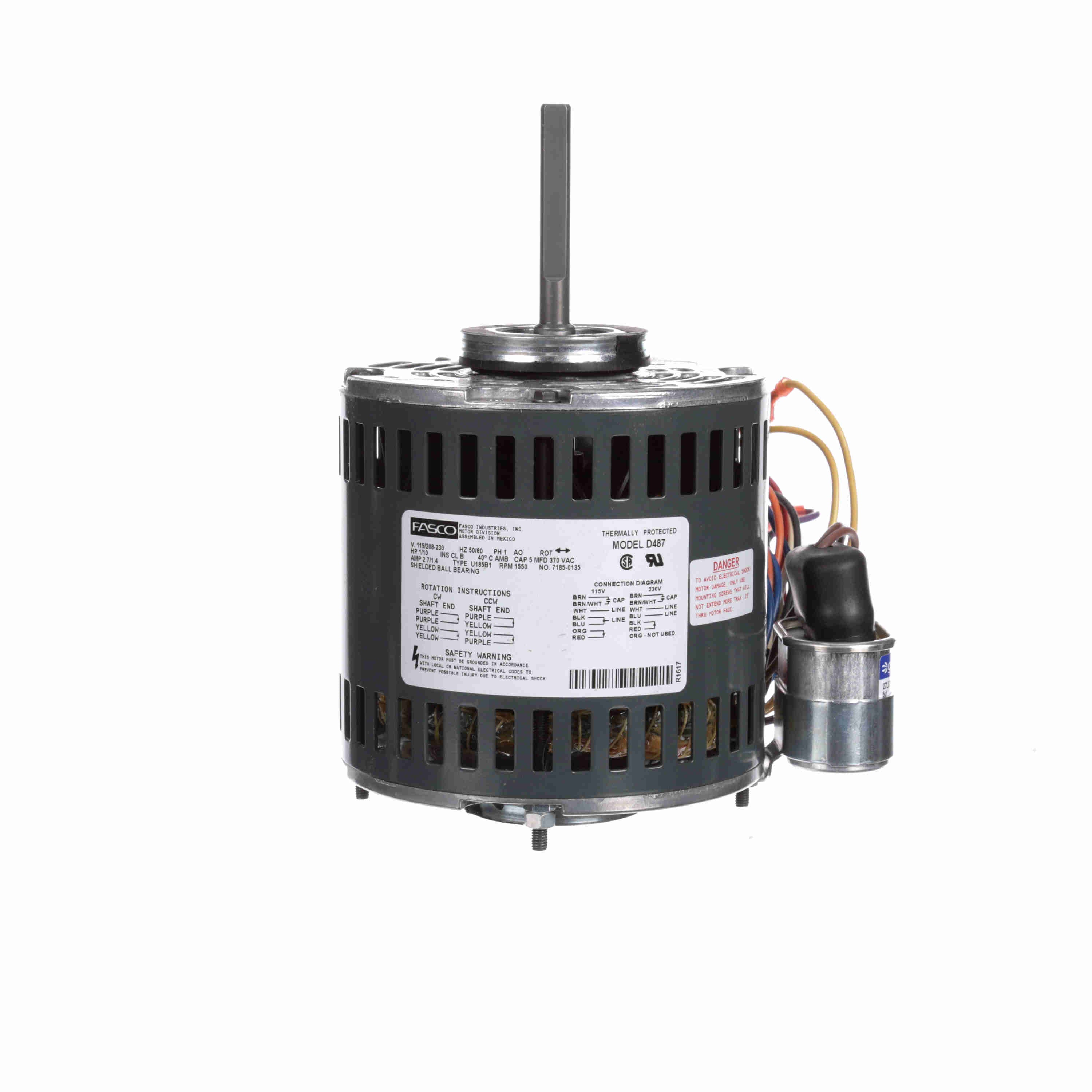 Moteur de ventilateur à condensateur Fasco D487 1/10 CV 1550 tr/min 115/208-230 Volts