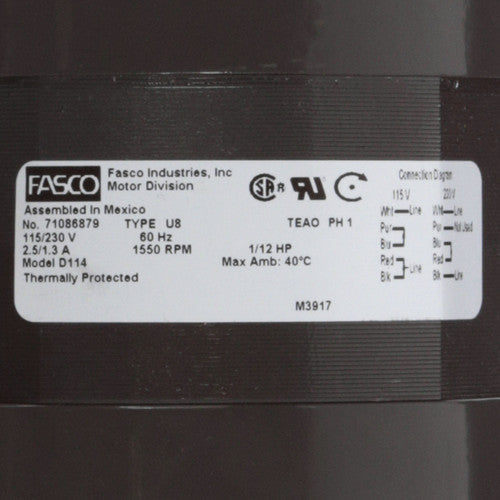 Moteur d'unité de ventilo-convecteur Fasco D114 1/12 CV 1550 tr/min 115/230 Volts