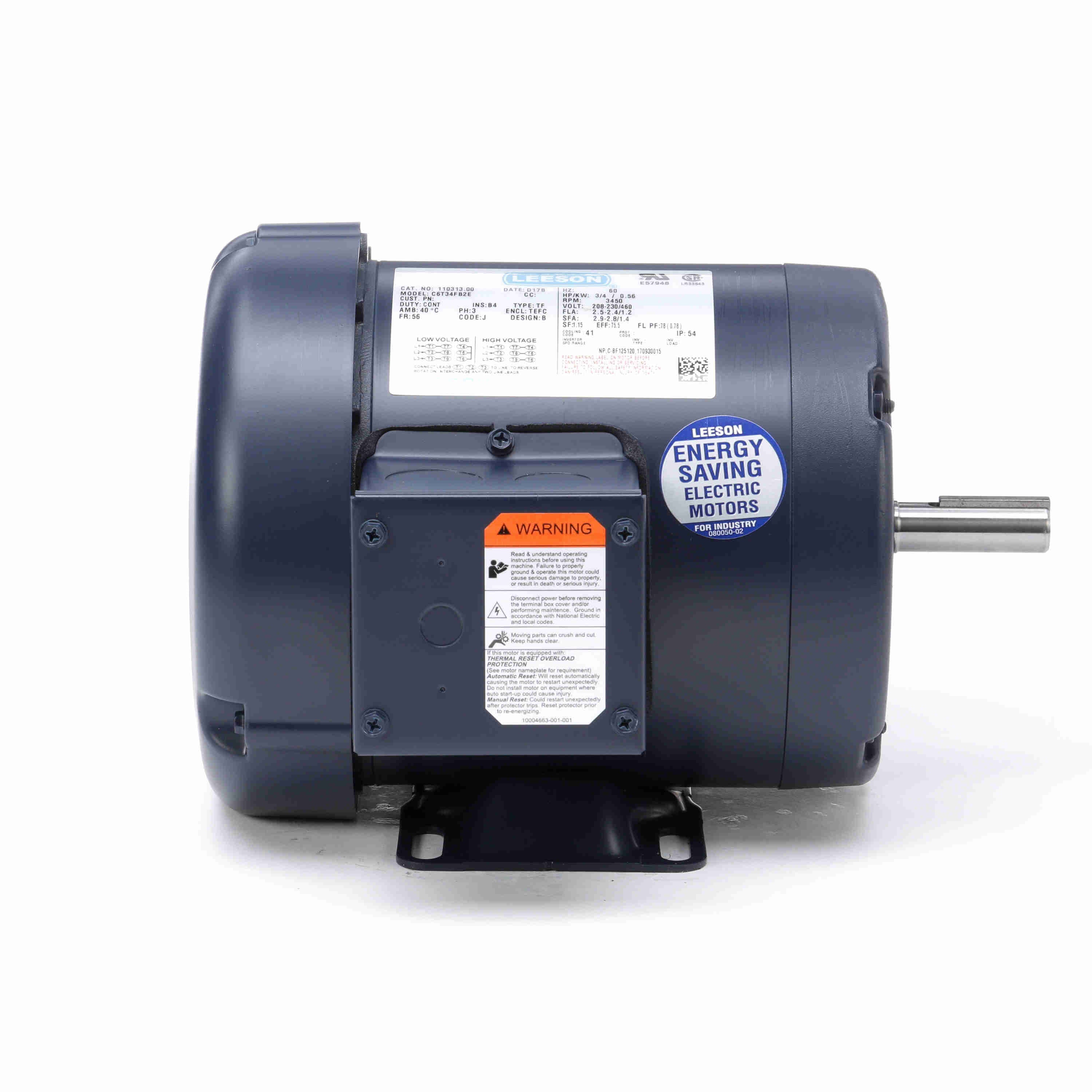 Leeson 110313.00 Moteur 3/4 CV 3600 tr/min 208-230/460V 3 Phases TEFC