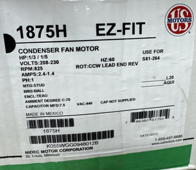 Moteur de condenseur US Motors 1875H 200W EZ-Fit, cadre 48Y, 825 tr/min, 1/3-1/5 CV, 208V-230V