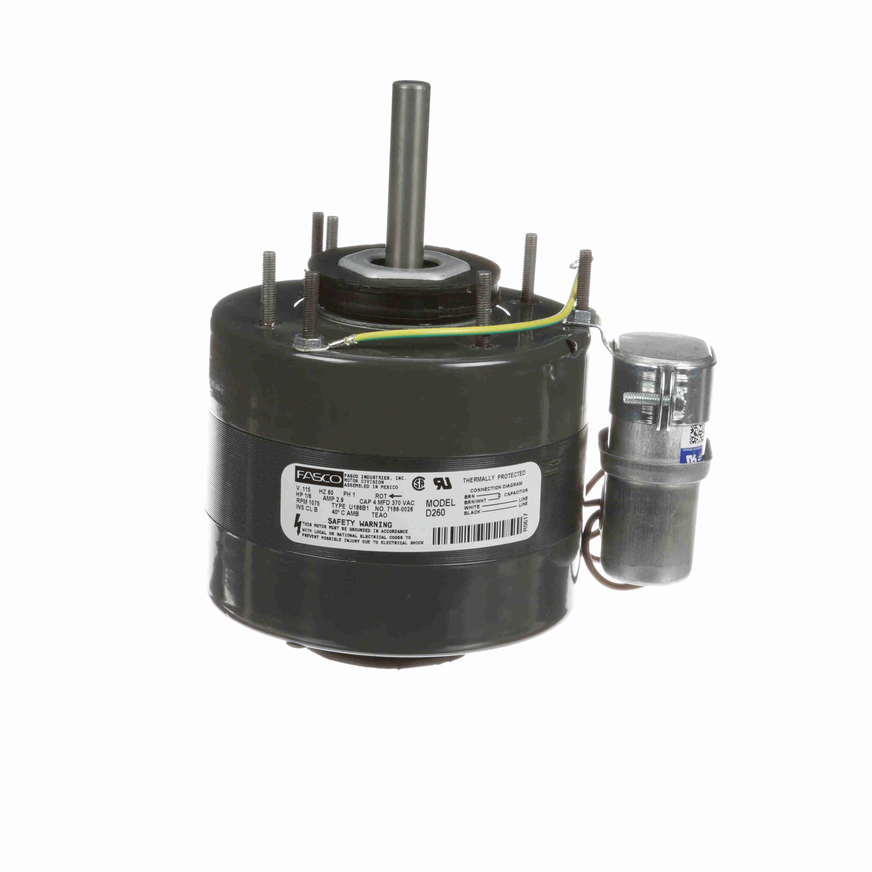 Moteur de ventilateur et de thermoplongeur Fasco D260 à condensateur permanent (PSC) de 5 pouces de diamètre