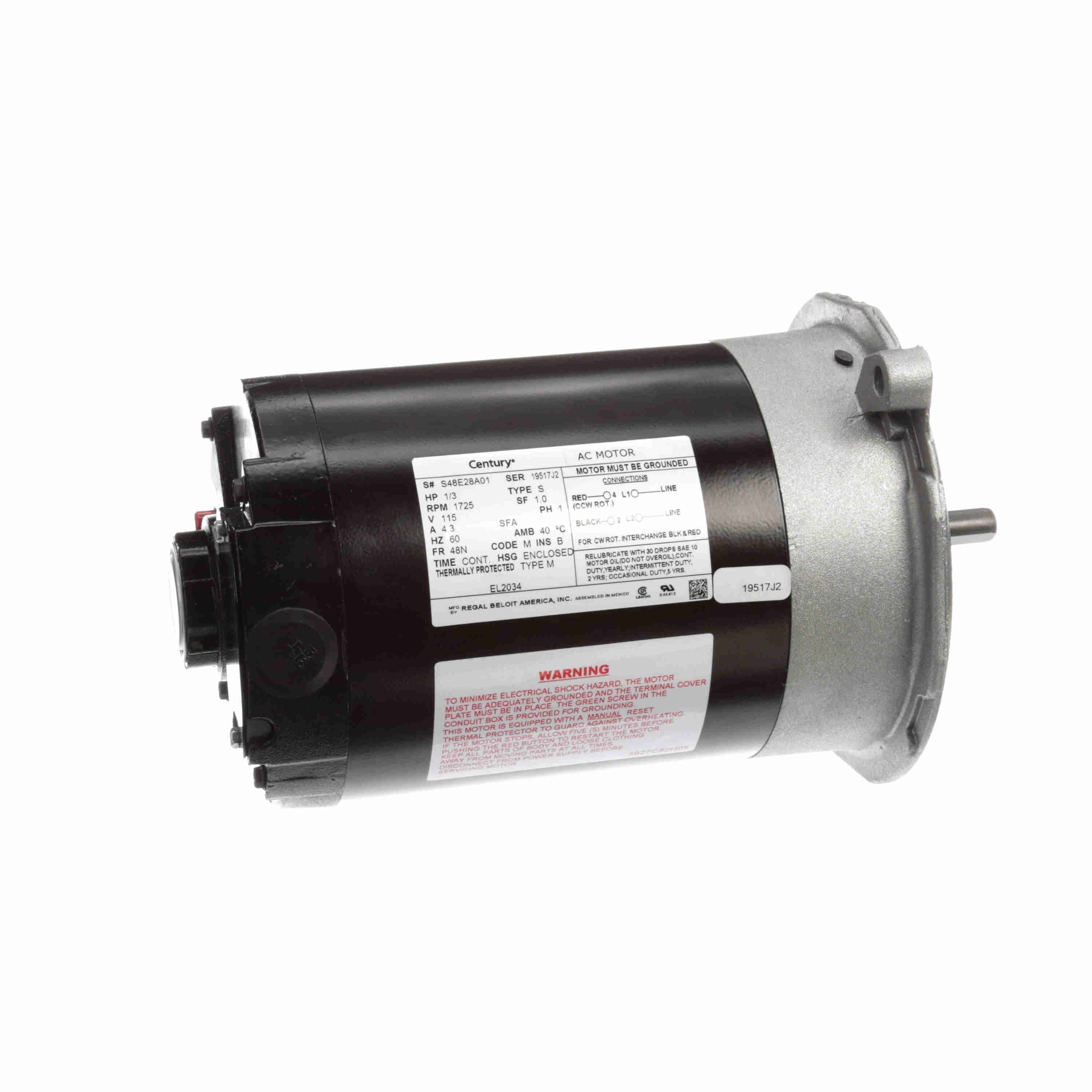 Moteur de brûleur à mazout Century 1/3 CV, à phase divisée, 1725 tours/min nominal, 115 volts, châssis 48N - EL2034